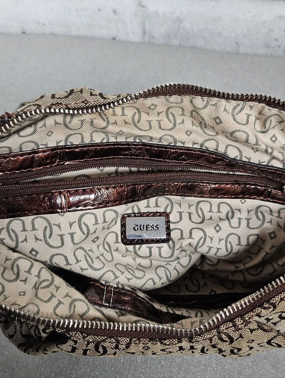 Guess Monogram Canvas Hobo Shoulder Bag Brown Metallic Trim Studded - Picture 7 of 14